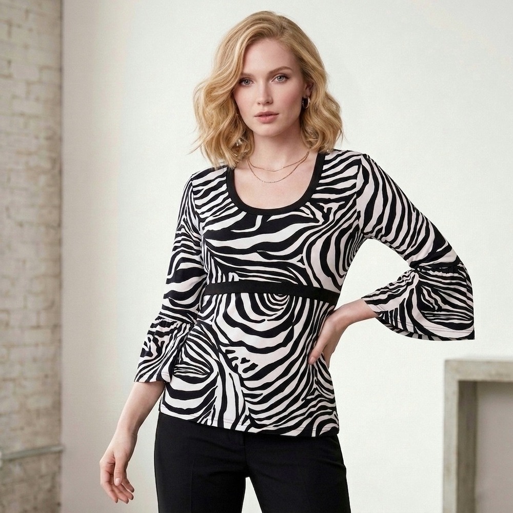 Rafaella Womens Zebra Print Empire Waist Top 3/4 Bell Sleeve Black White Large